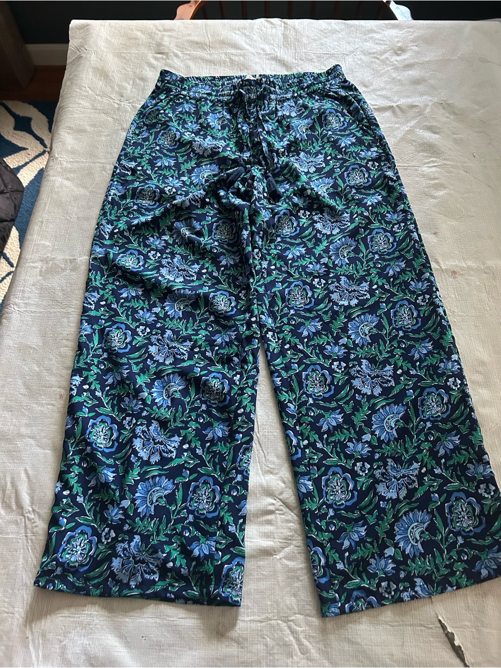 Vineyard Vines Navy Blue & Green Floral Wide-Leg Pants, Elastic Waist